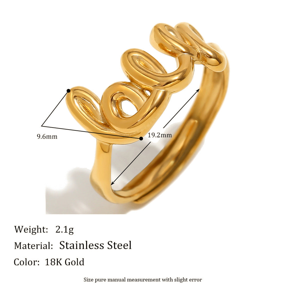 Anello apribile "LOVE" minimalista e alla moda per donna, in acciaio inossidabile placcato oro 18 carati