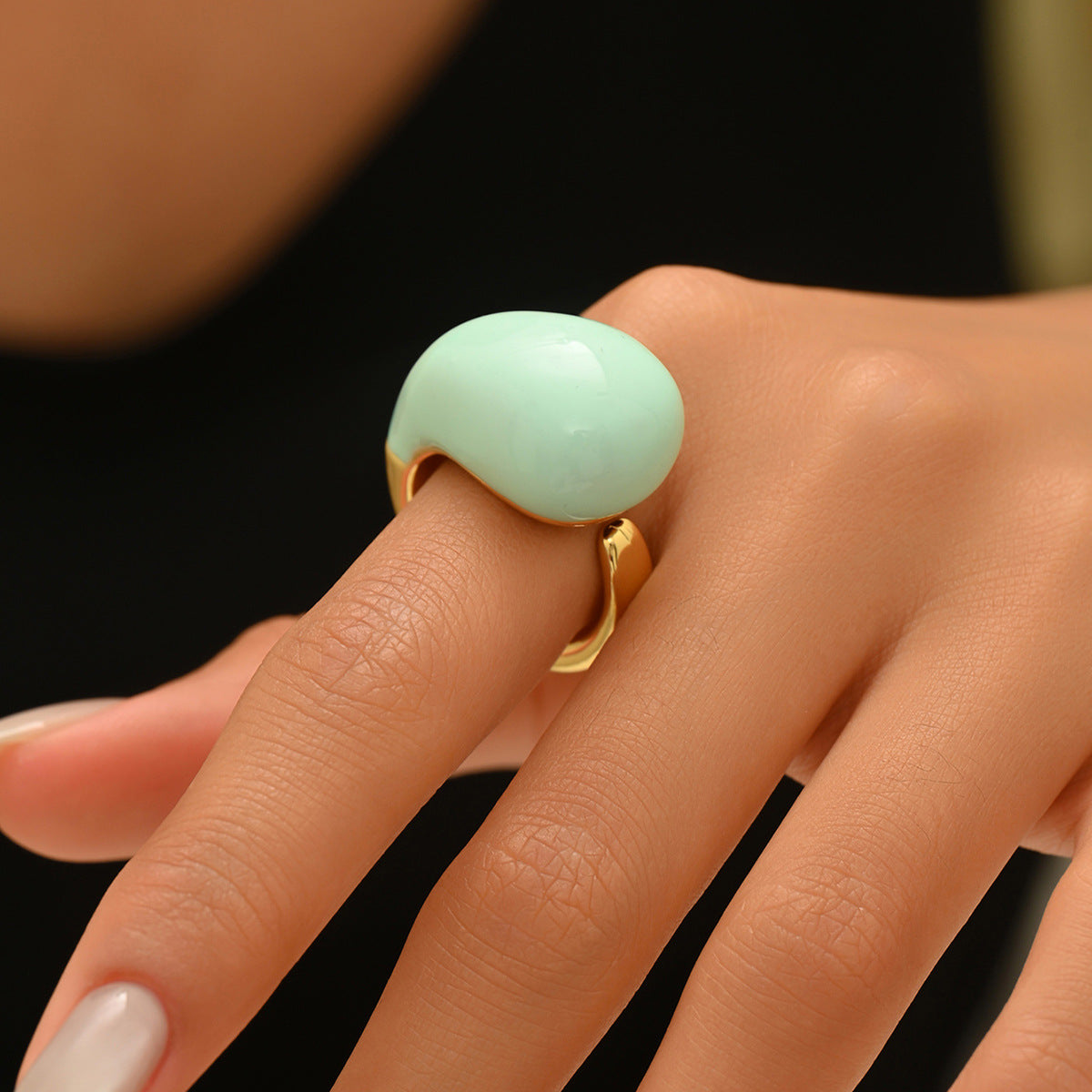 Anillo de cobre con diseño geométrico de gota de agua y acabado de esmalte para mujer, banda ajustable a la moda