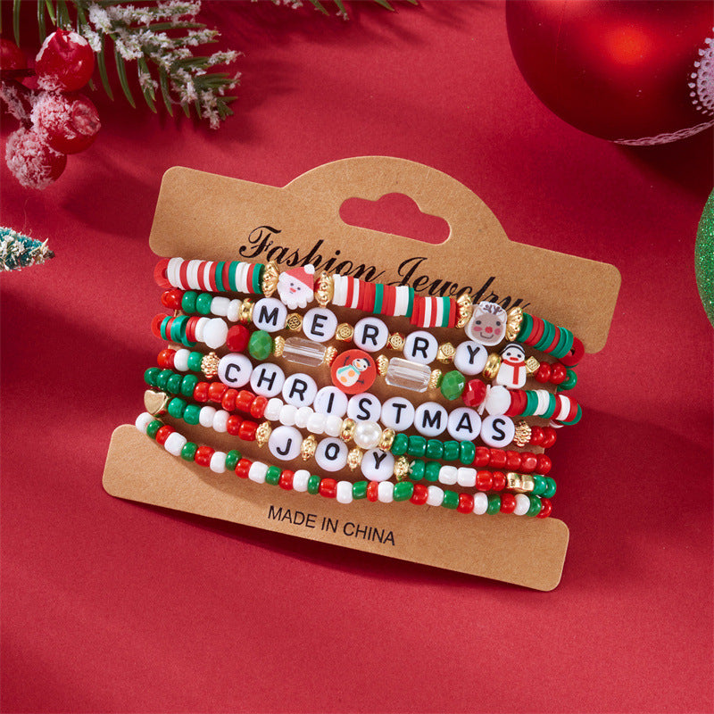 Handmade Polymer Clay Christmas Bracelet Set with Alphabet and Tree Beads Alloy Chain for Women Festive Holiday Gift