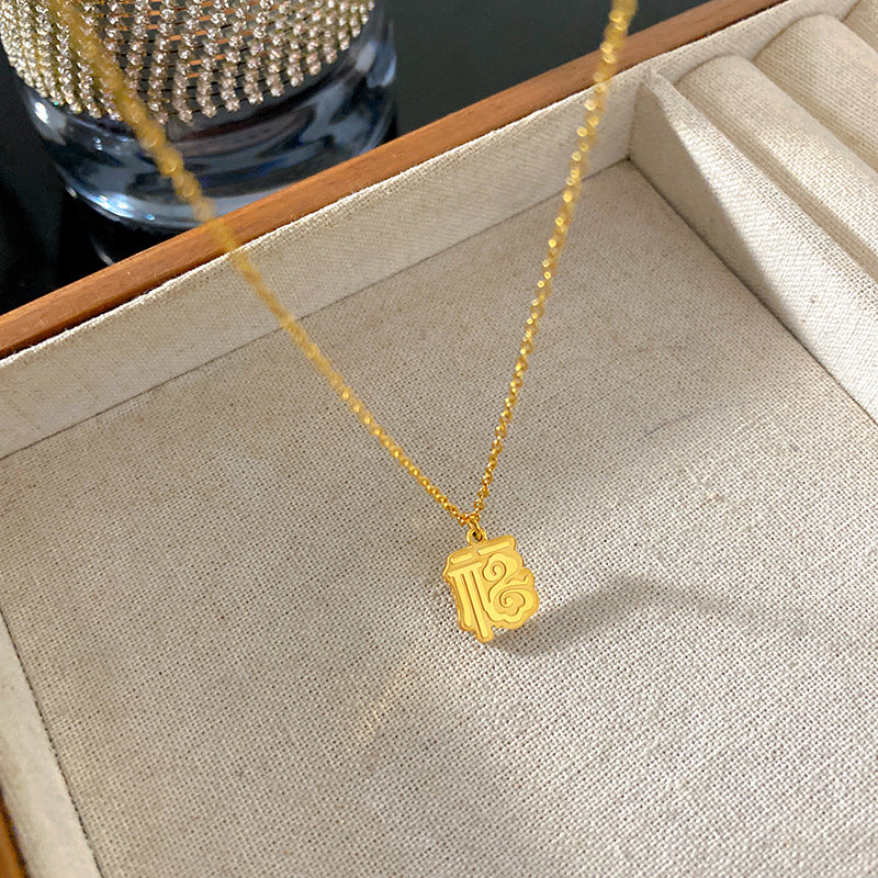 Vintage Chinese Style 18K Gold Plated Titanium Steel Letter Pendant Necklace for Unisex