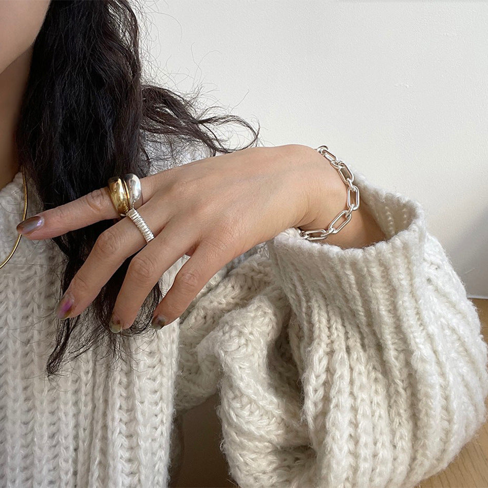 Minimalist Gear-Shaped S925 Sterling Silver Ring for Women with Linear Design and Step Pattern