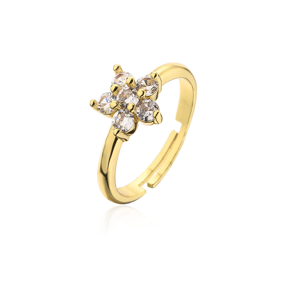 Geometric Floral Open Ring for Women in Copper with 18K Gold Plating and Zircon Inlay