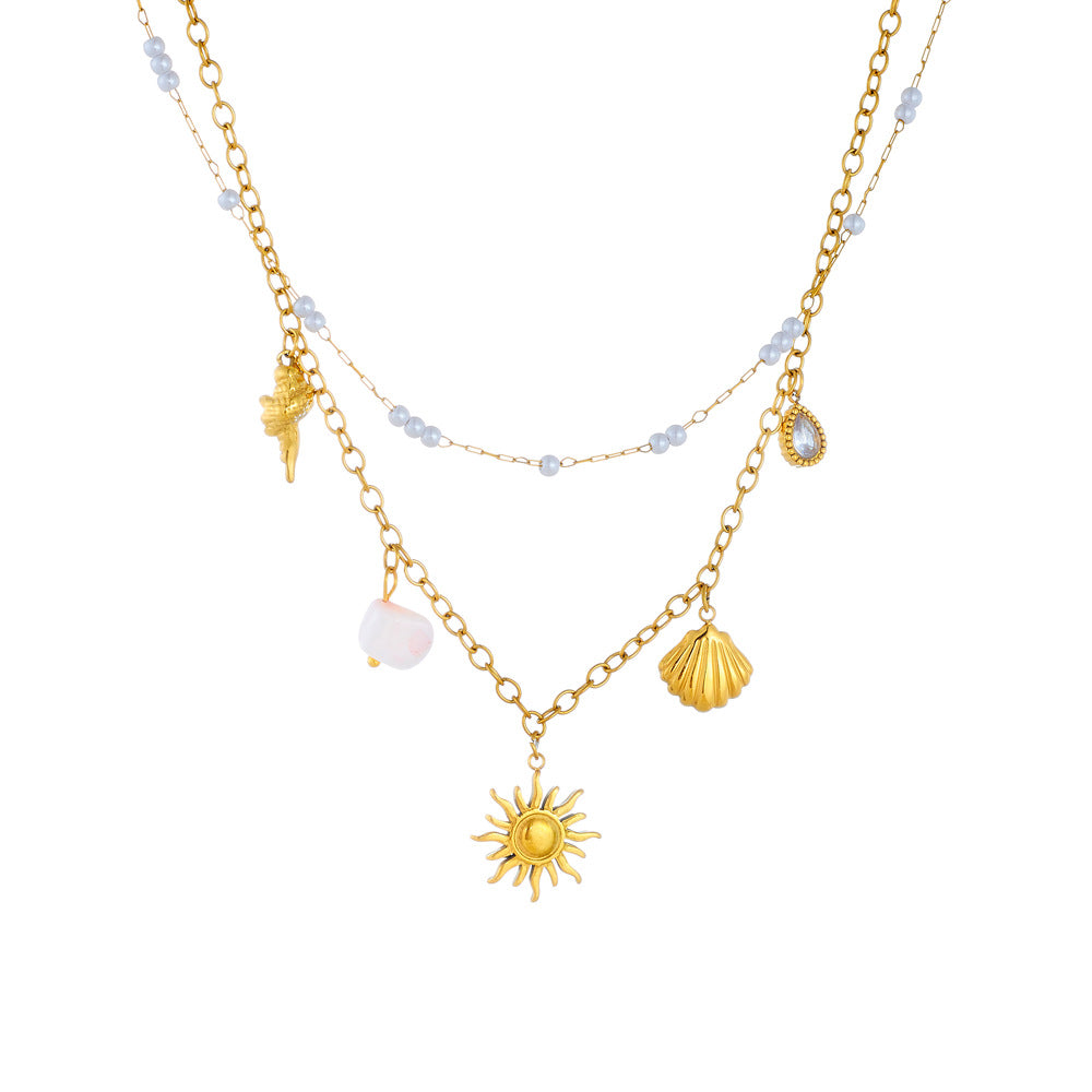 Sweet Ocean-Inspired Stainless Steel Double Layer Necklace with Seashell and Star Pendant for Women