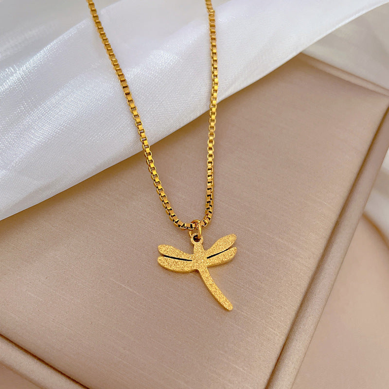 Minimalist Geometric Titanium Steel Plated Necklace with Gold Foil Dragonfly Pendant for Women