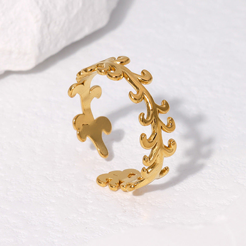 Minimalist Titanium Steel Adjustable Leaf Ring for Women with 18K Gold Plating