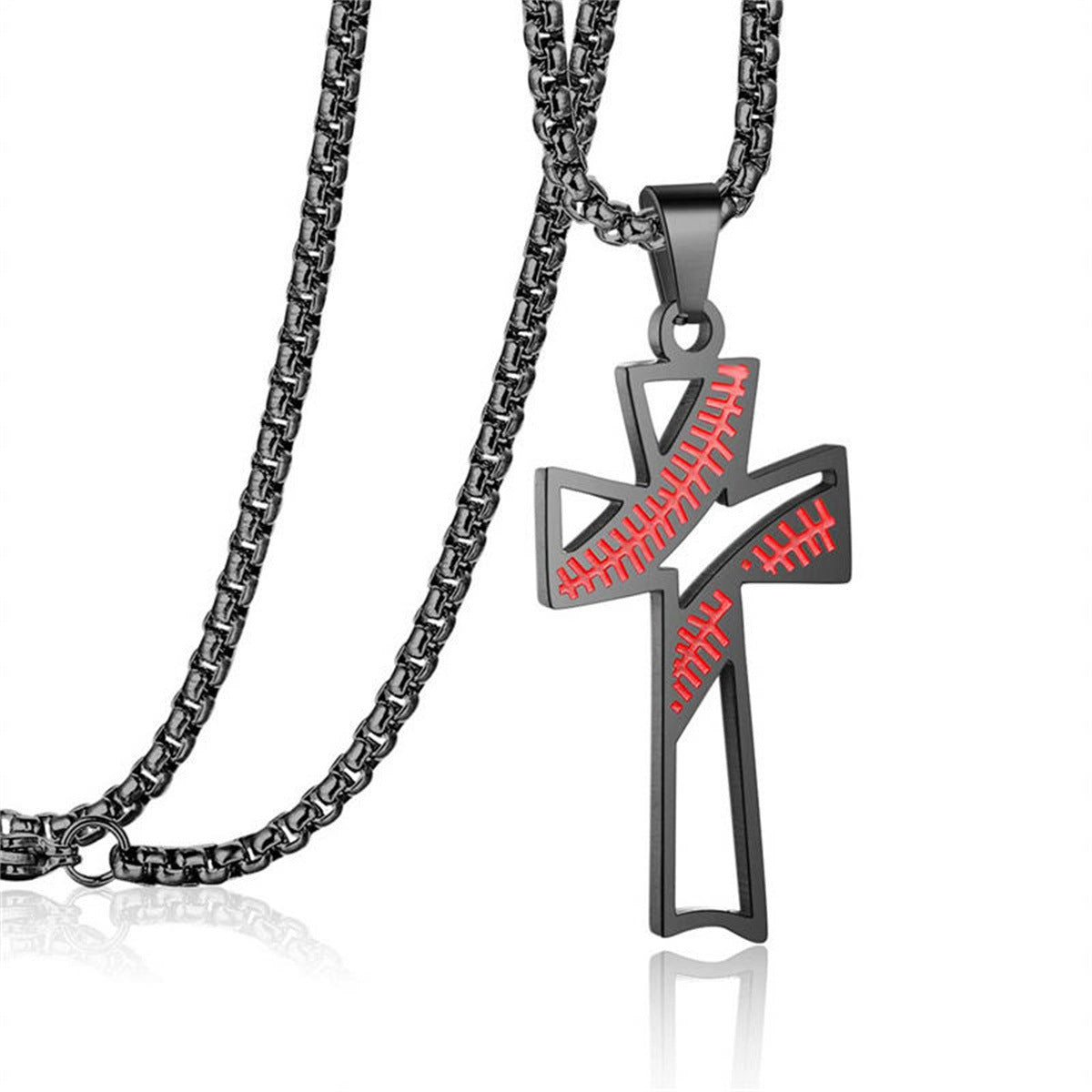 Natural Style Geometric Stainless Steel Pendant Necklace with Titanium Steel Cross Charm and Hollow Baseball Design Adjustable Chain