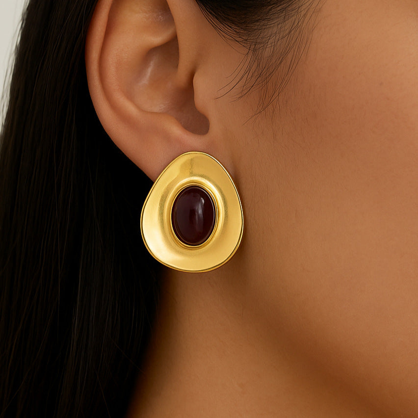 Pendientes Geométricos de Moda de Acero Inoxidable con Resina Color Avellana Bañados en Oro de 18K para Mujer
