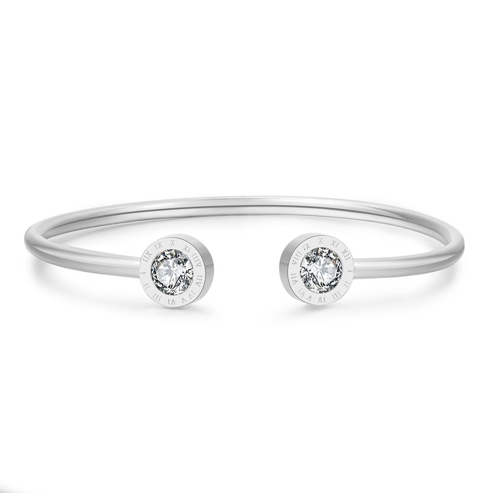 Geometric Round Titanium Steel C-Shape Open Bangle with Cubic Zirconia Roman Numerals for Women