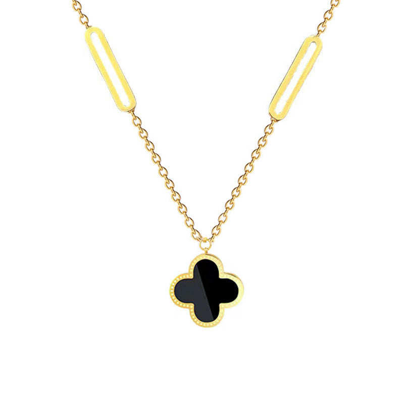 Minimalist Clover Flower Pendant Necklace in Titanium Steel with Gold Plating for Women