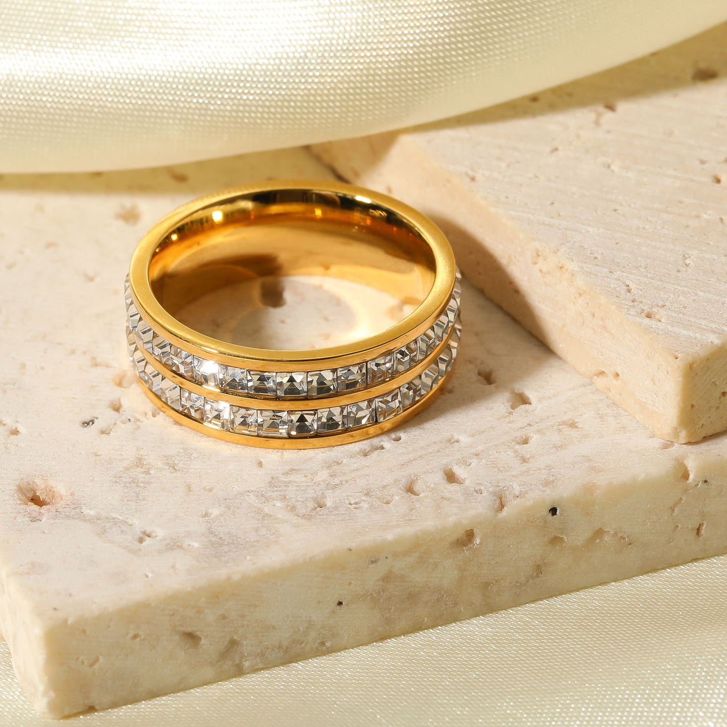 INS Style Geometric Titanium Steel Ring with 18K Vacuum Plated Finish and Double-Layer Round Zirconia Inlay for Women