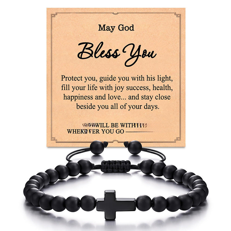 Matte Black Agate Cross Beaded Bracelet for Men