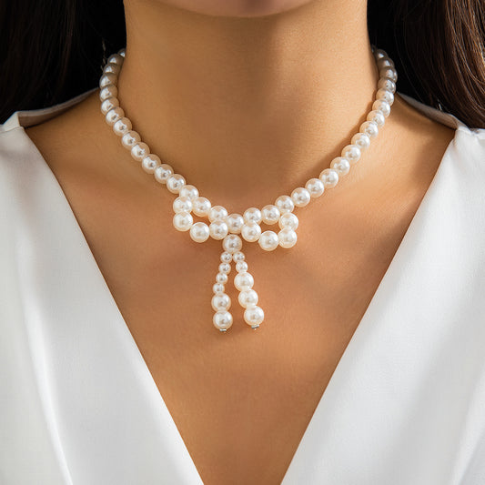 Elegant Faux Pearl Bow Knot Ball Chain Choker Necklace for Women