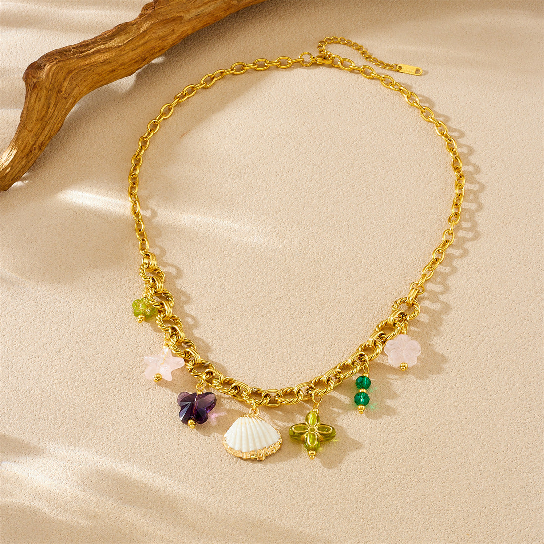Luxury Gold Plated Stainless Steel Cable Chain Necklace with Butterfly Flower Star Acrylic Pendant for Women