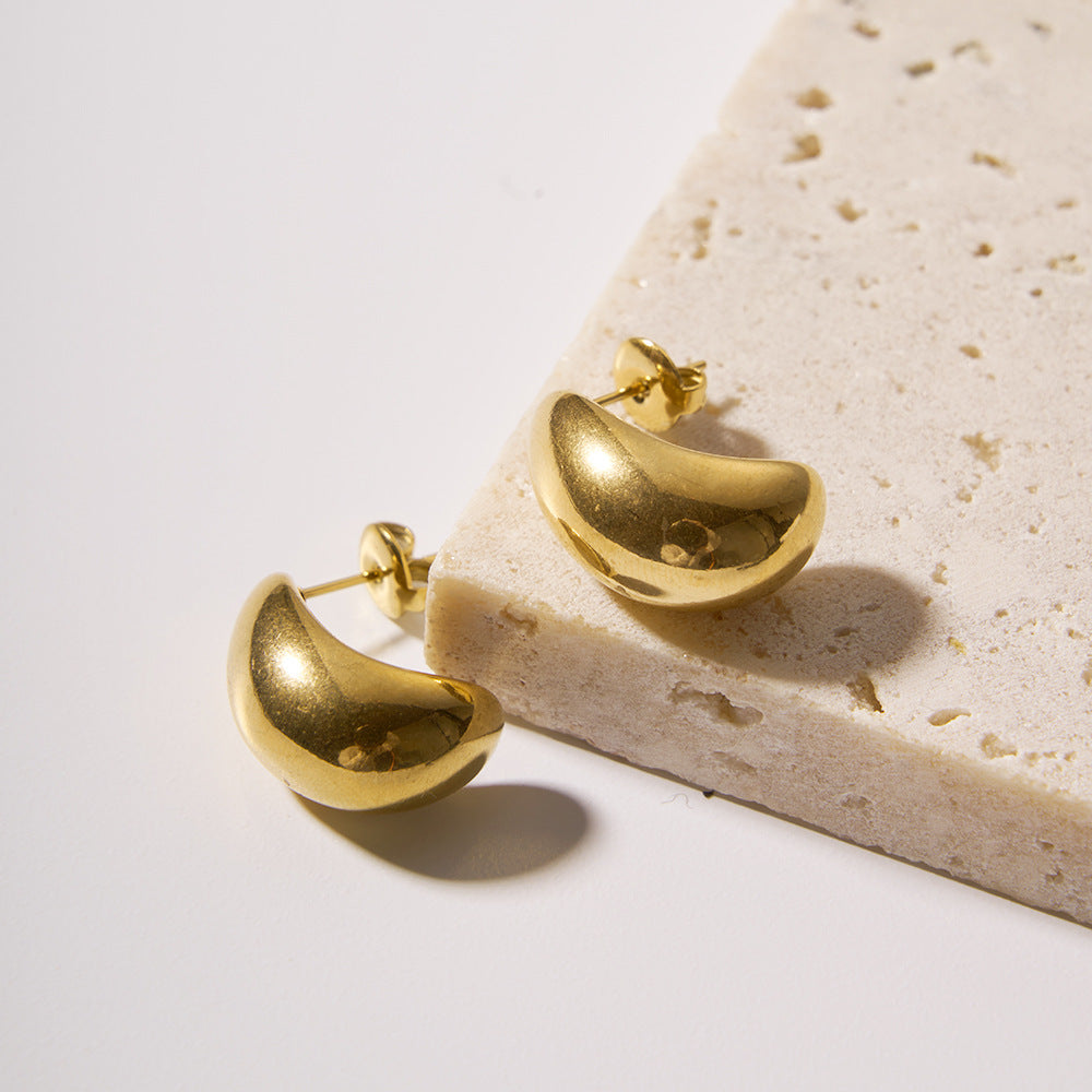 Minimalist Geometric Stainless Steel 18K Gold Plated Asymmetrical Hoop Earrings with Hollow Gold Bead Detail