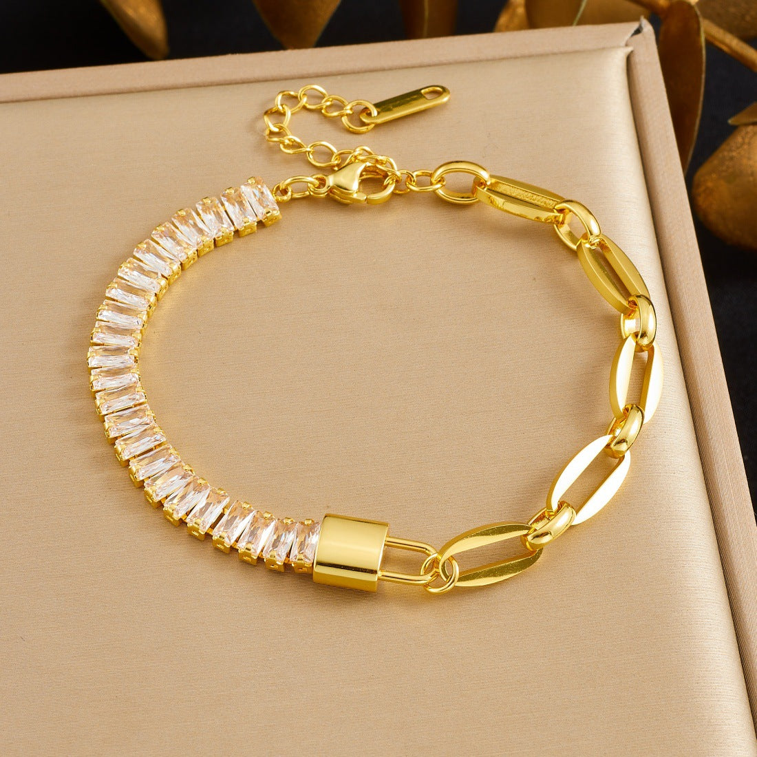 Vintage Gold Plated Lock Rhinestone Asymmetric Stainless Steel Bracelet for Women
