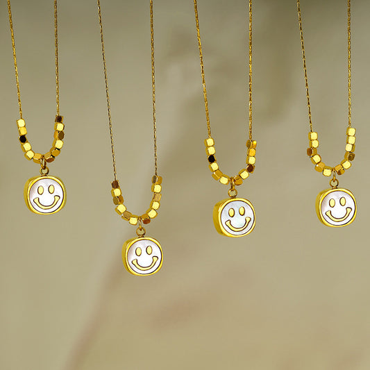 Minimalist Smiley Face Pendant Necklace for Women in Titanium Steel with Mother-of-Pearl Inlay and Plated Finish