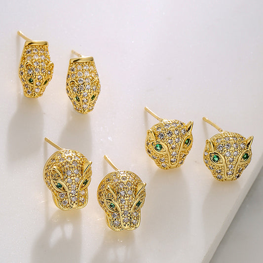 Geometric Leopard Head Stud Earrings for Women with Copper Base Plated in 18K Gold and Micro-Paved Zirconia