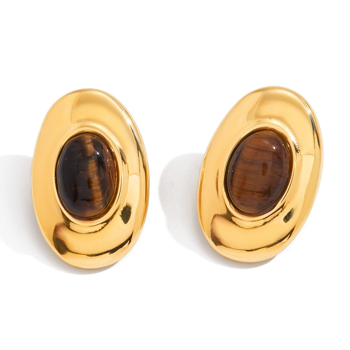 Aretes de tuerca ovalados geométricos minimalistas de lujo con ojo de tigre, chapados en oro de 18 quilates, acero de titanio para mujer