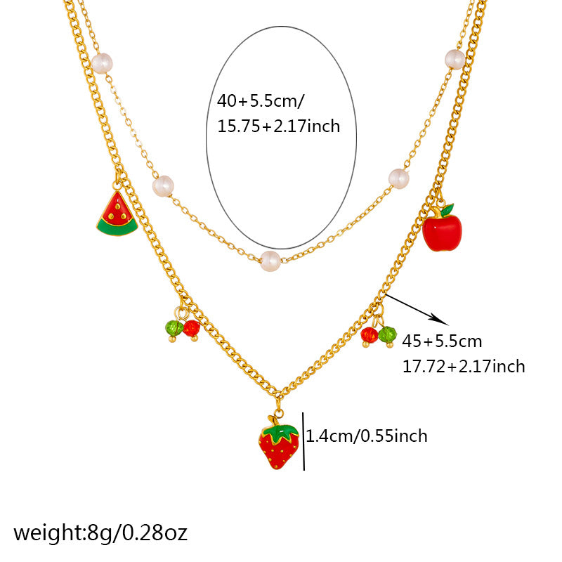 Minimalist Sweet Drip Oil Stainless Steel Fruit Pendant Necklace and Bracelet Set for Women