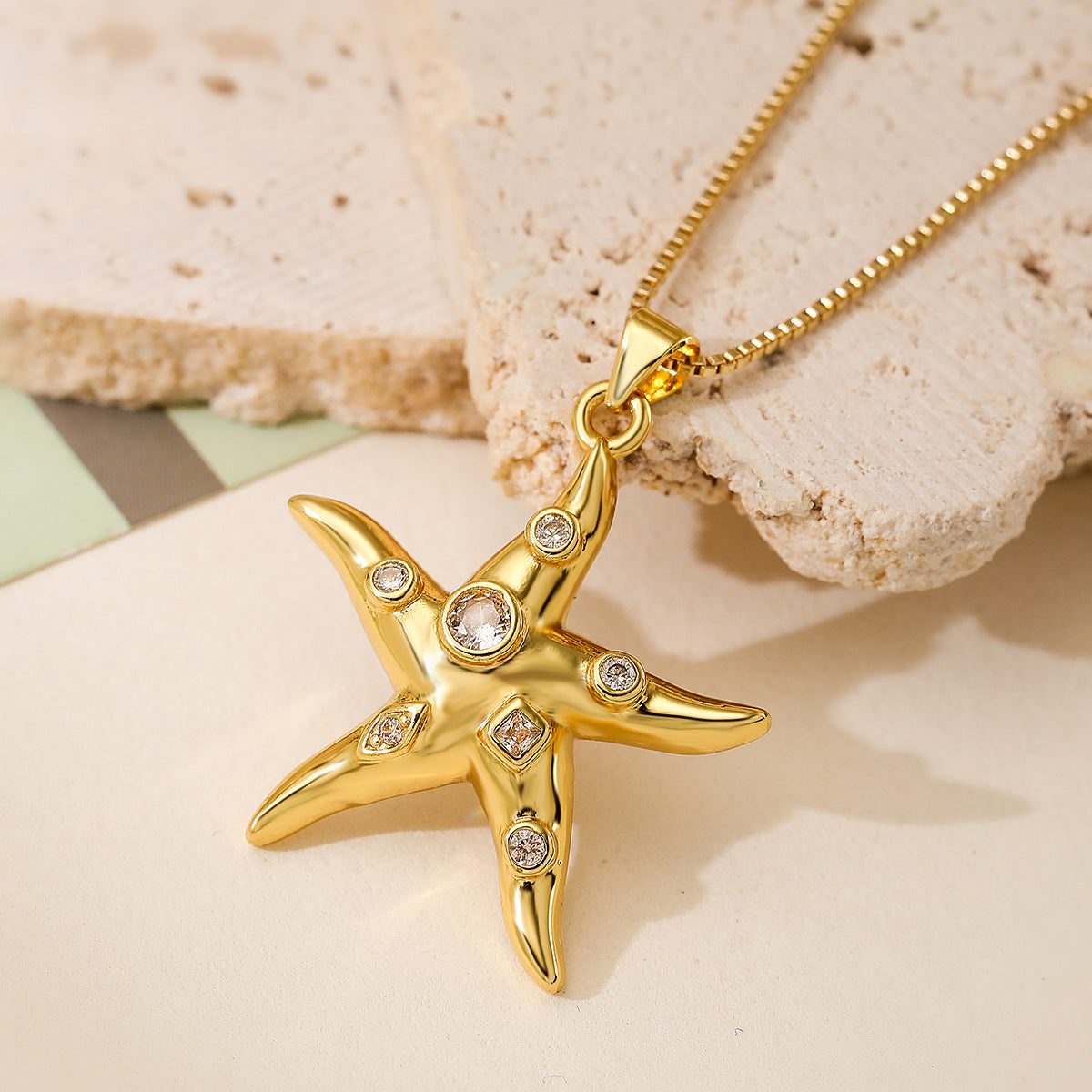 Minimalist Starfish Pendant Necklace and Earrings Set for Women in Copper with 18K Gold Plating and Micro-Paved Zirconia