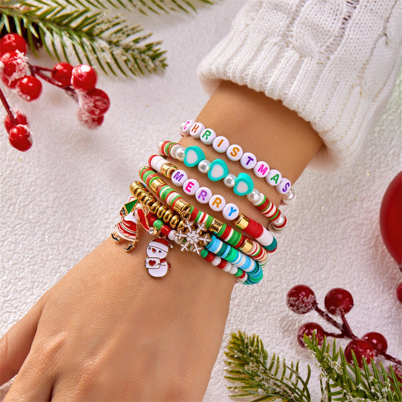 Casual Cartoon Alloy and Resin Beaded Bracelet with Santa Claus and Bell Charms