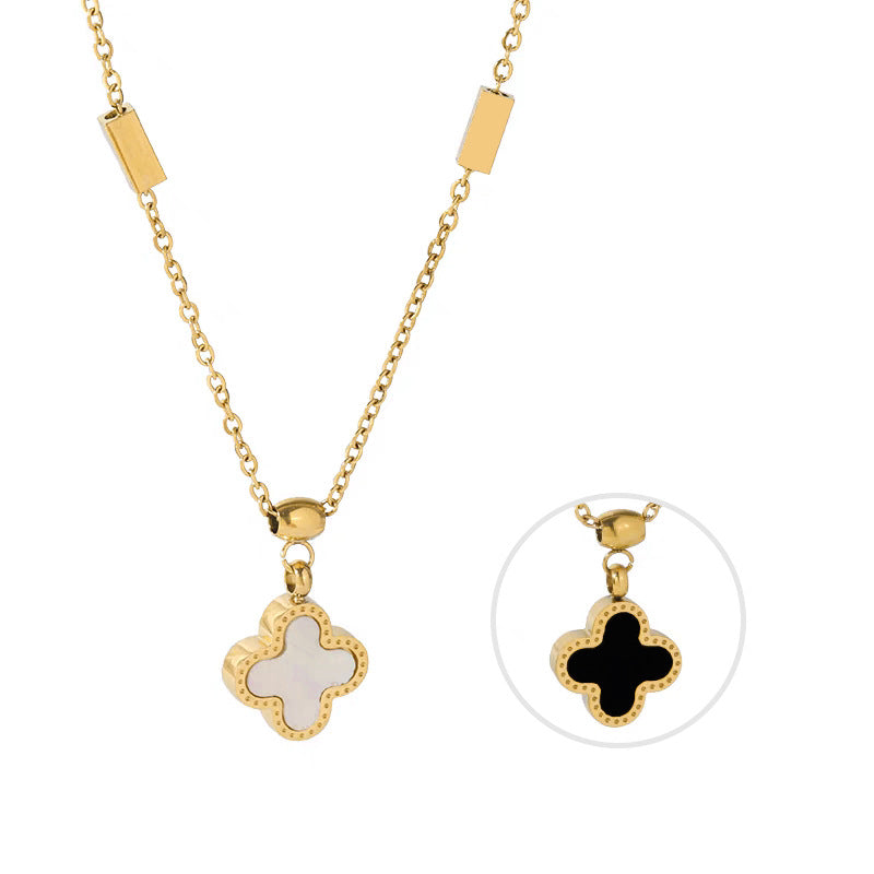 Minimalist Titanium Steel Shell and Four-Leaf Clover Pendant Necklace for Women Gold-Plated Clavicle Chain
