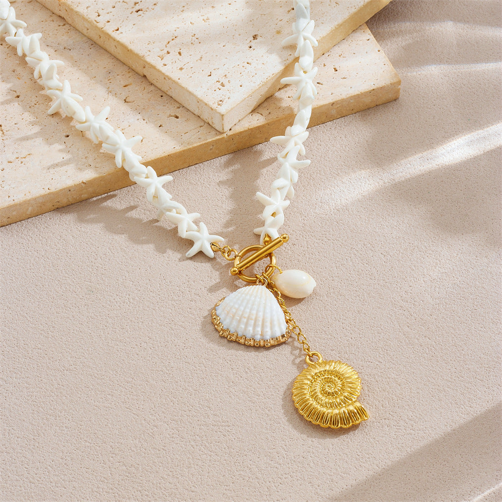Bohemian Gold Plated Stainless Steel Star Shell Beaded OT Clasp Necklace for Women
