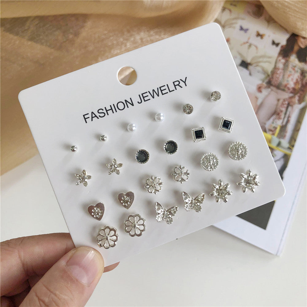 Minimalist Casual Geometric Butterfly Floral Gold Plated Stainless Steel Rhinestone Stud Earrings Set