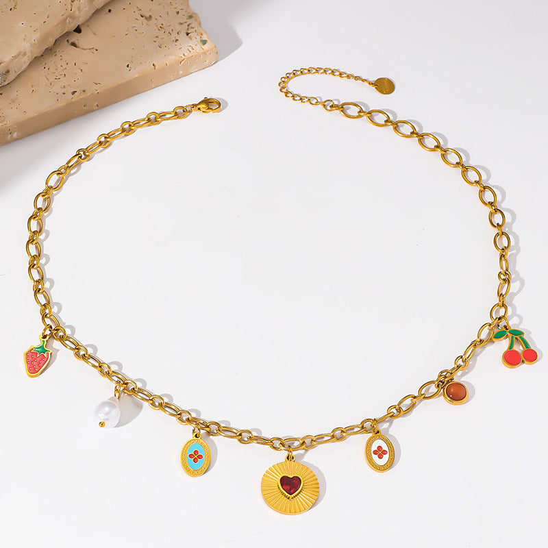 Sweet Rainbow Fruit Heart Stainless Steel Plated Pendant Necklace for Women with Cable Chain