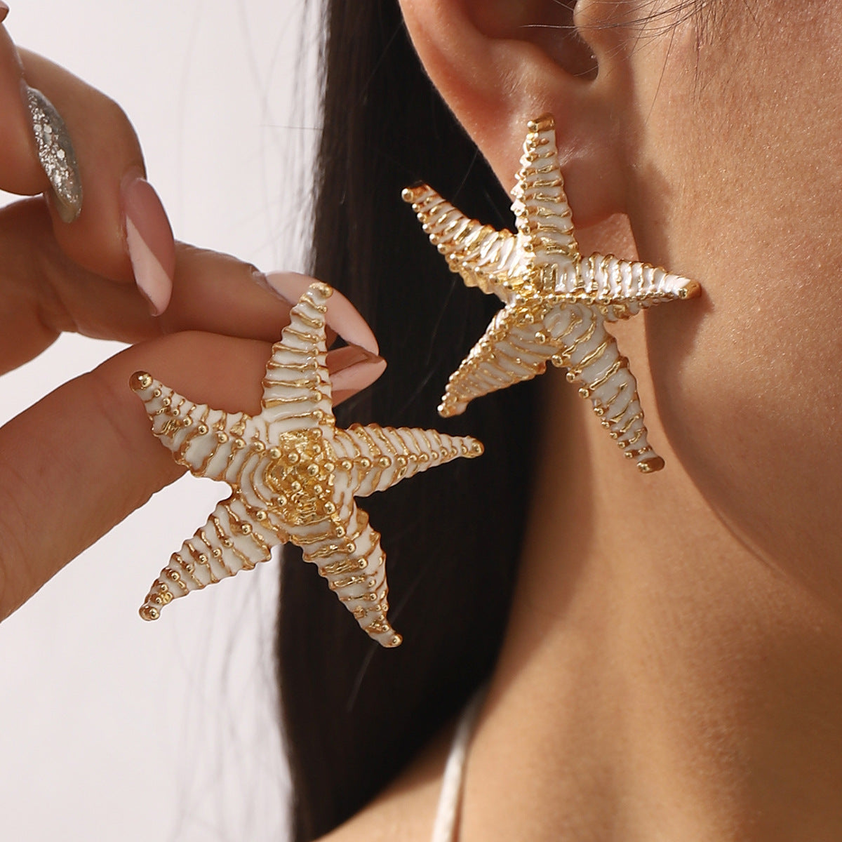 Pendientes de aleación con forma de estrella, inspirados en el océano veraniego, con acabado galvanizado para mujer, joyas texturizadas informales para vacaciones