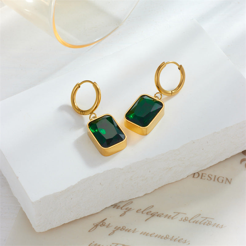 Vintage-Inspired Geometric Green Faceted Gemstone Earrings in Gold-Plated Titanium Steel for Women