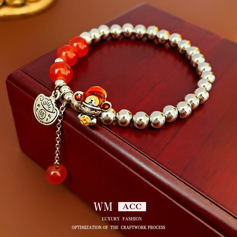 Bracciale da donna personalizzato a forma di drago in smalto con carattere "Fu" e perla, accessorio festivo di Capodanno in lega galvanizzata