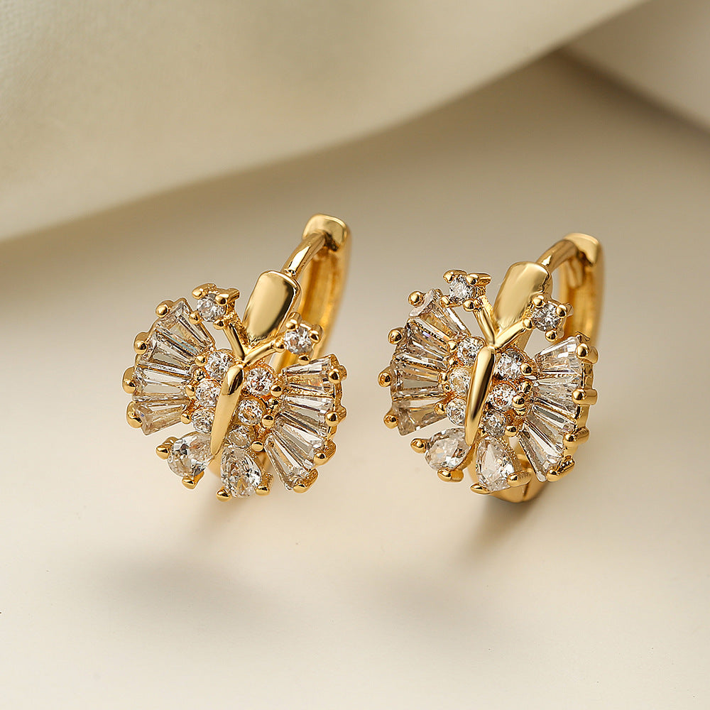 Minimalist Geometric Butterfly and Swan Earrings in Copper with Real Gold Plating and Zircon Inlay for Women