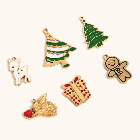 Ciondolo natalizio per creazione di gioielli fai da te in acciaio inossidabile con placcatura in oro 14K e finitura smaltata con motivi di Babbo Natale, alci, fiocchi di neve e confezioni regalo