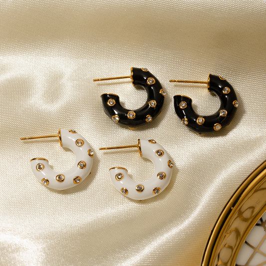 Orecchini a cerchio da donna a forma di C geometrici alla moda in acciaio inossidabile placcato oro 18 carati con smalto nero e strass in stile Ins