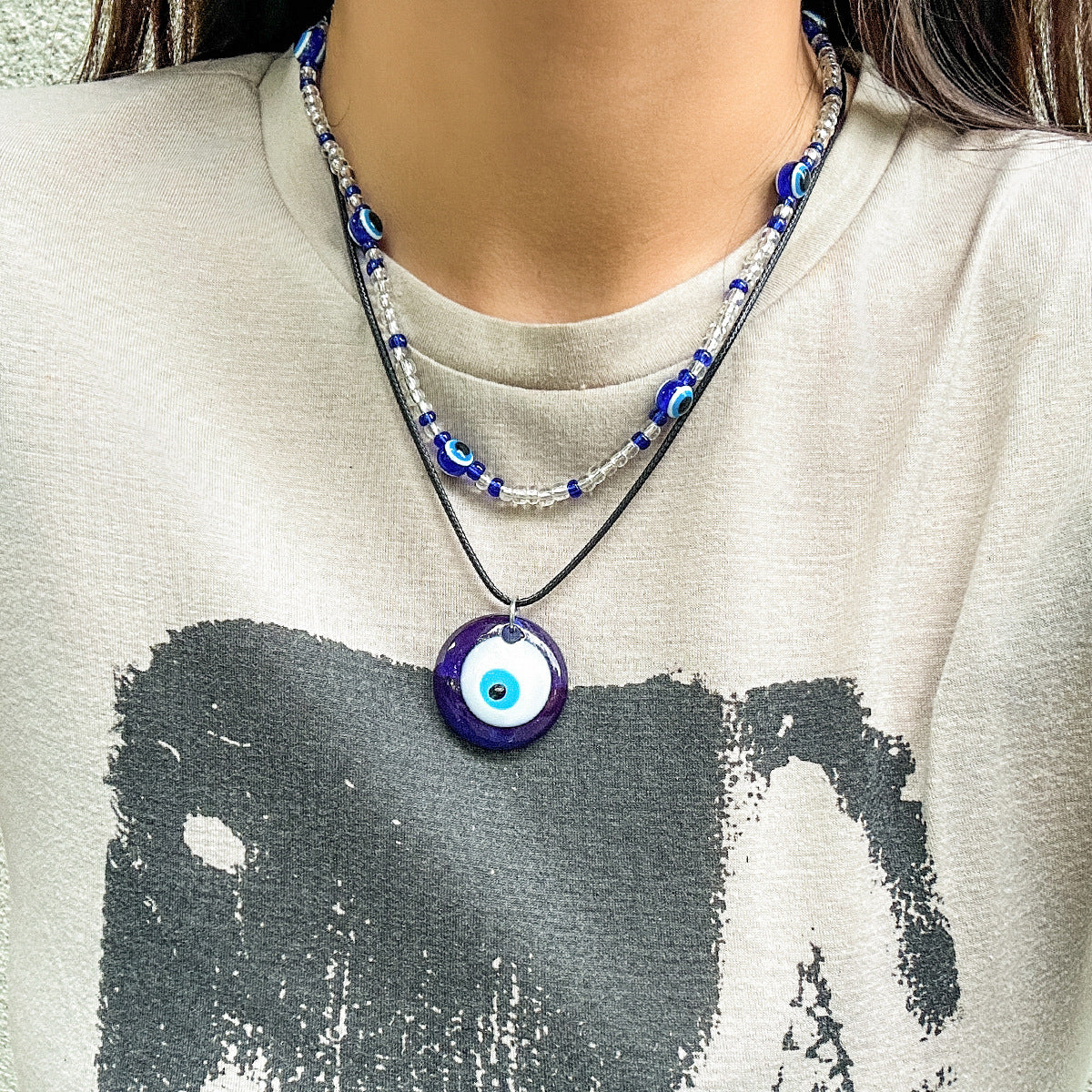 Collana a clavicola con ciondolo a occhio in perline vintage da donna con perline in resina, forma geometrica e nappe
