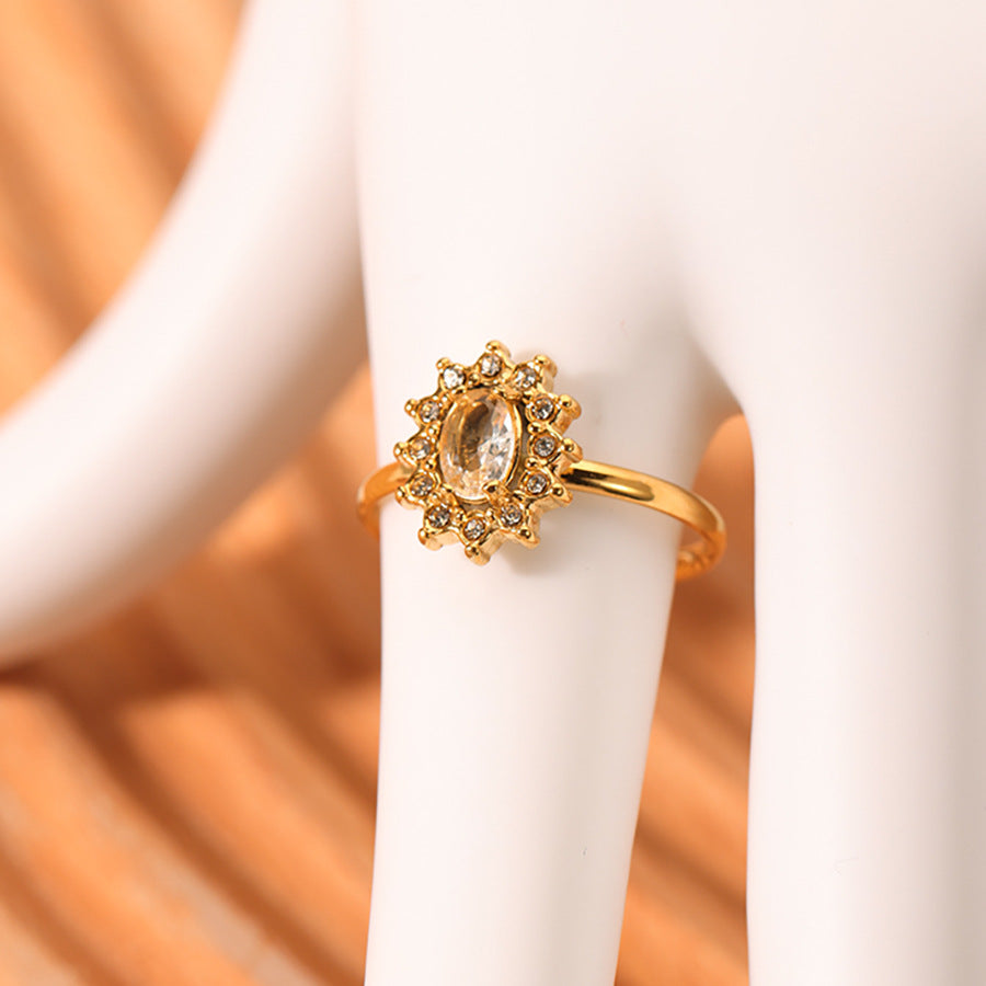 Anello da Donna Minimalista a Forma di Girasole in Acciaio Inossidabile con Intarsi in Zircone e Placcatura Sottovuoto in Oro 18K