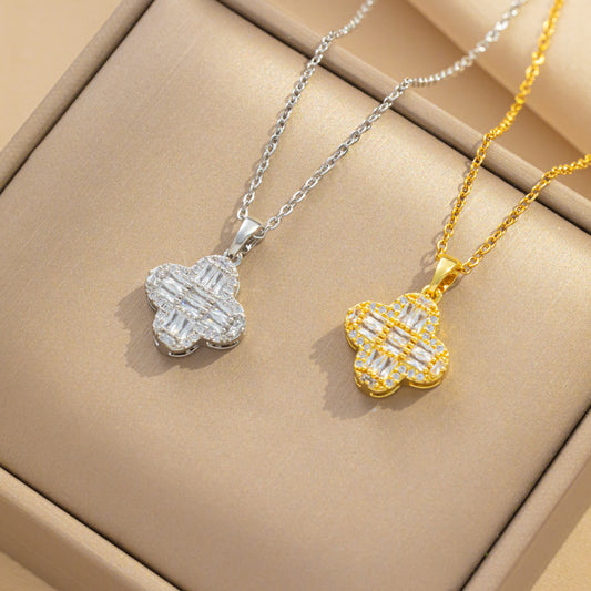 Minimalist Four-Leaf Clover Pendant Necklace for Women in Titanium Steel with Gold Plating and Rhinestone Inlay