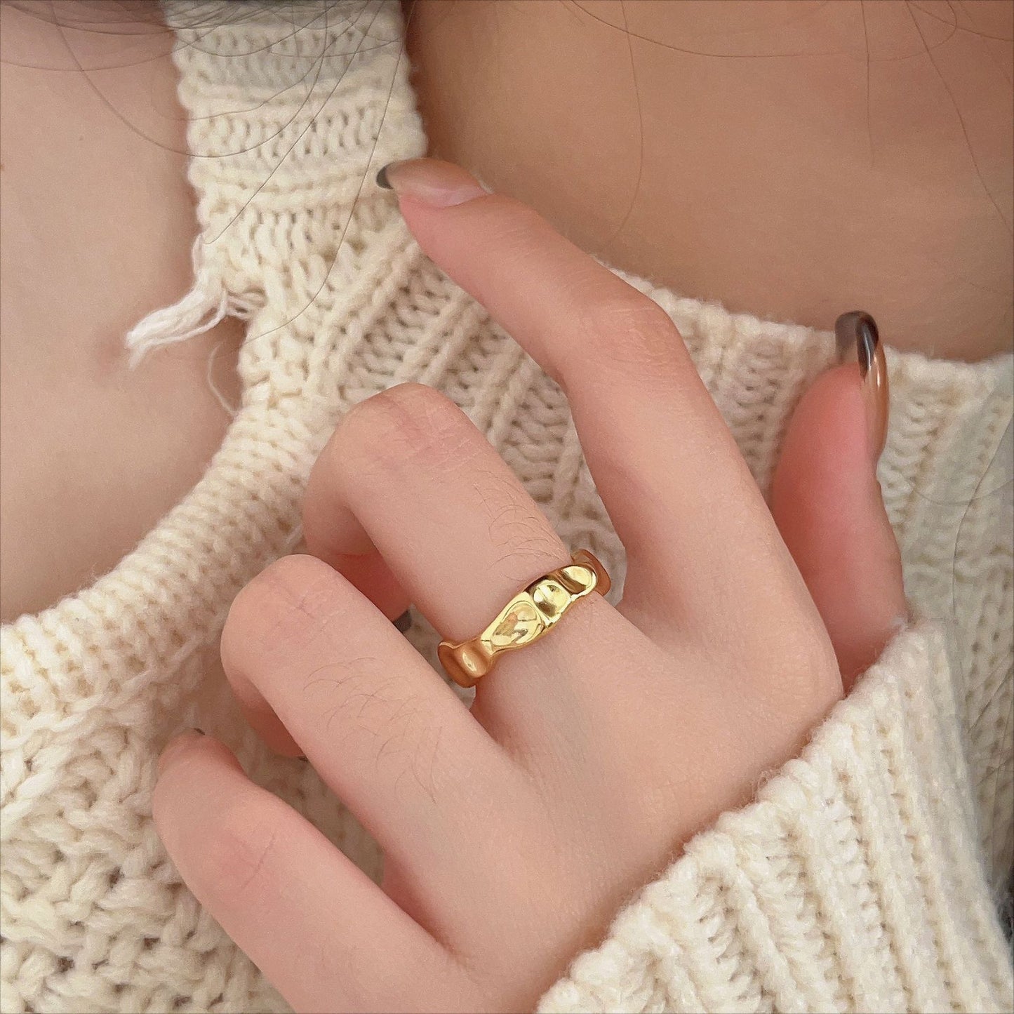 Minimalist Irregular Heart-Shaped 925 Sterling Silver Open Ring for Women with Beveled Square Grain Detail
