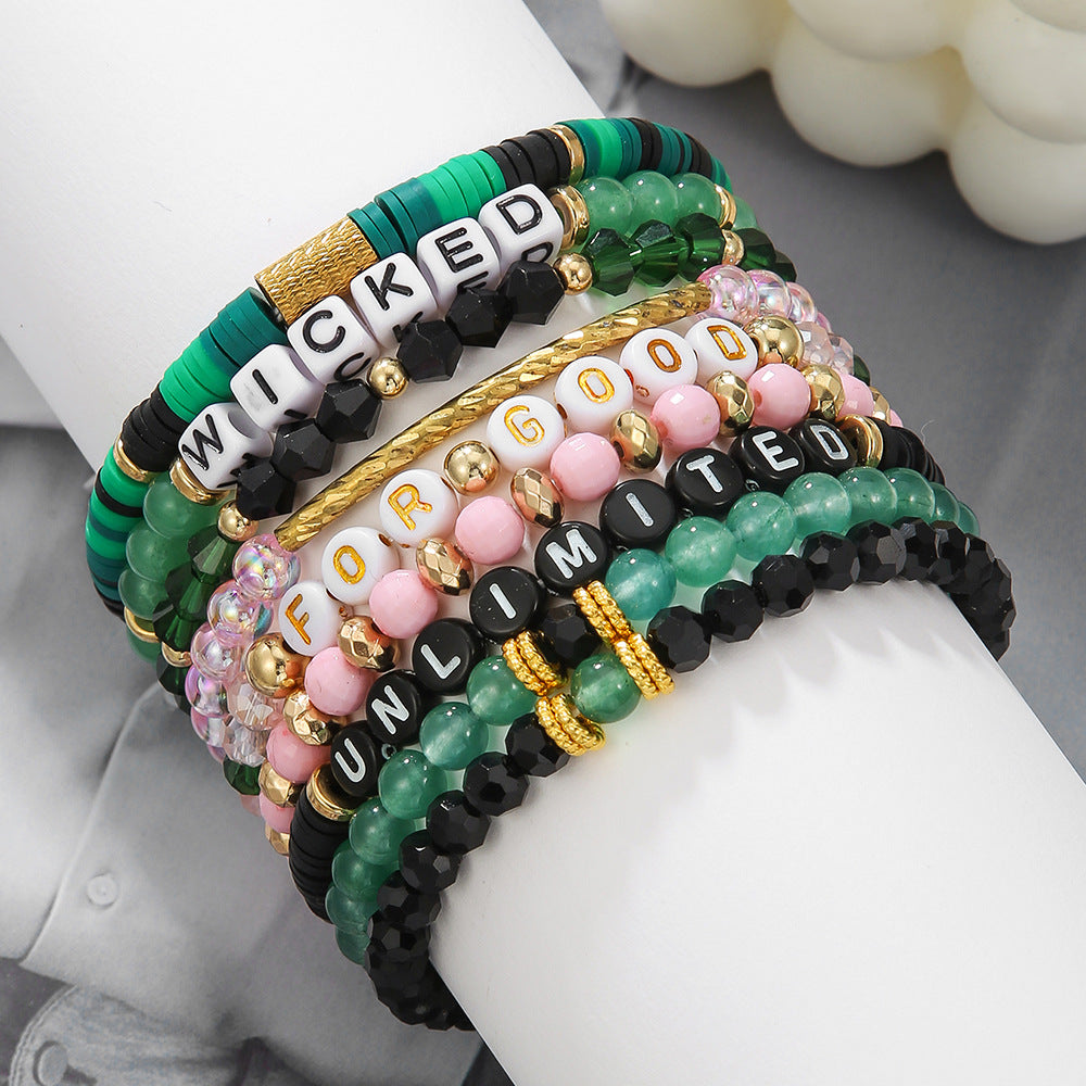 Casual Handmade Polymer Clay and Acrylic Letter Bead Stretch Bracelet