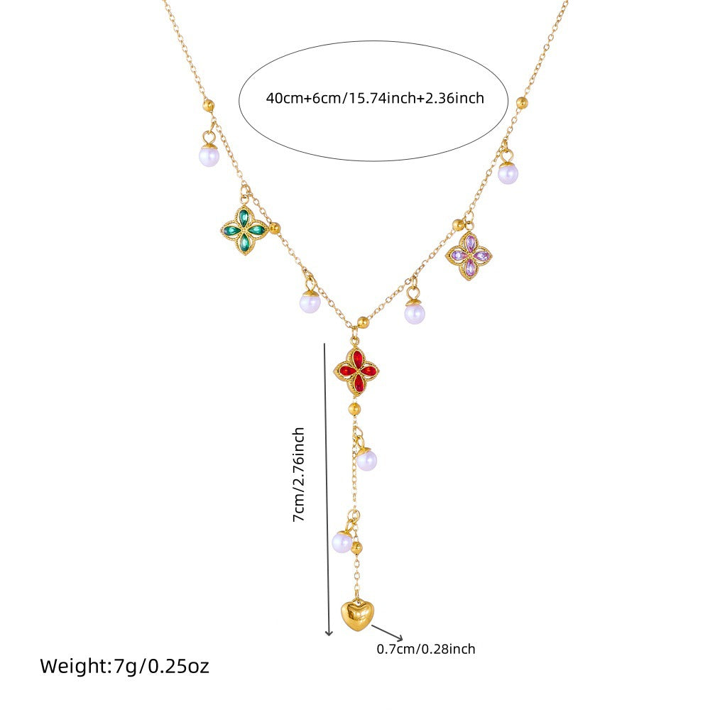 Sweet Geometric Strawberry Drip Oil Rhinestone Crystal Plated Stainless Steel Y-Necklace for Women