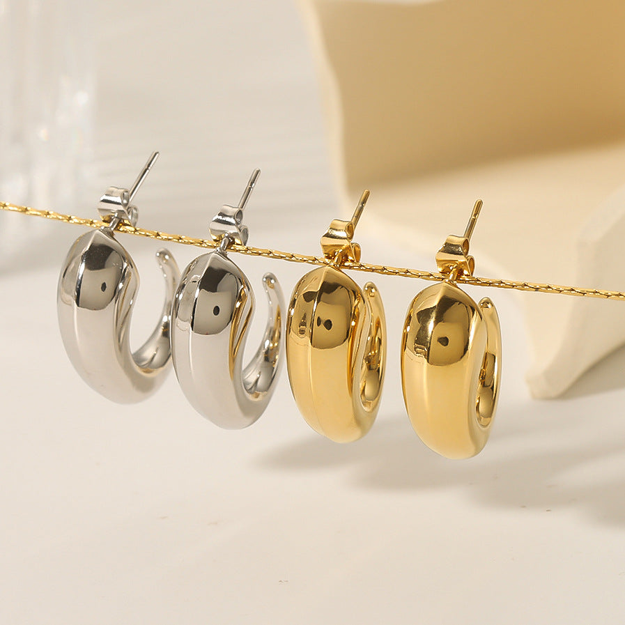 Minimalist Geometric C-Shaped Hollow Stainless Steel Earrings with 18K Gold Plating for Women