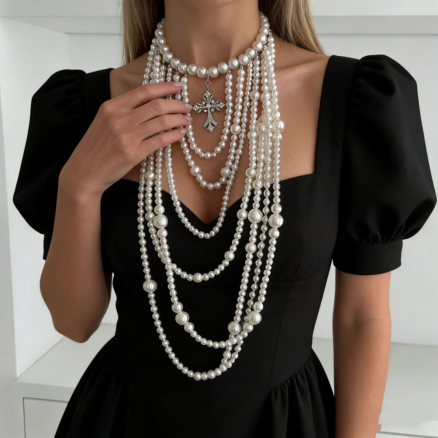 Collana a strati da donna con catena a sfera, perle barocche vintage francesi, croce geometrica