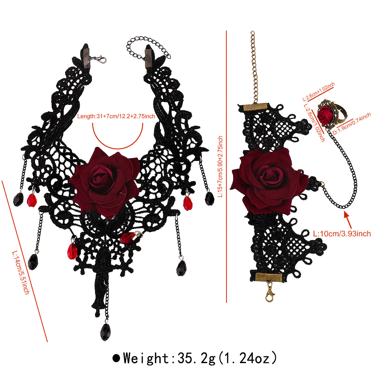 Set collana e bracciale in pizzo con rose vintage gotiche da donna con ciondolo in strass, gioielli delicati con catena per clavicola in stile dolce-audace