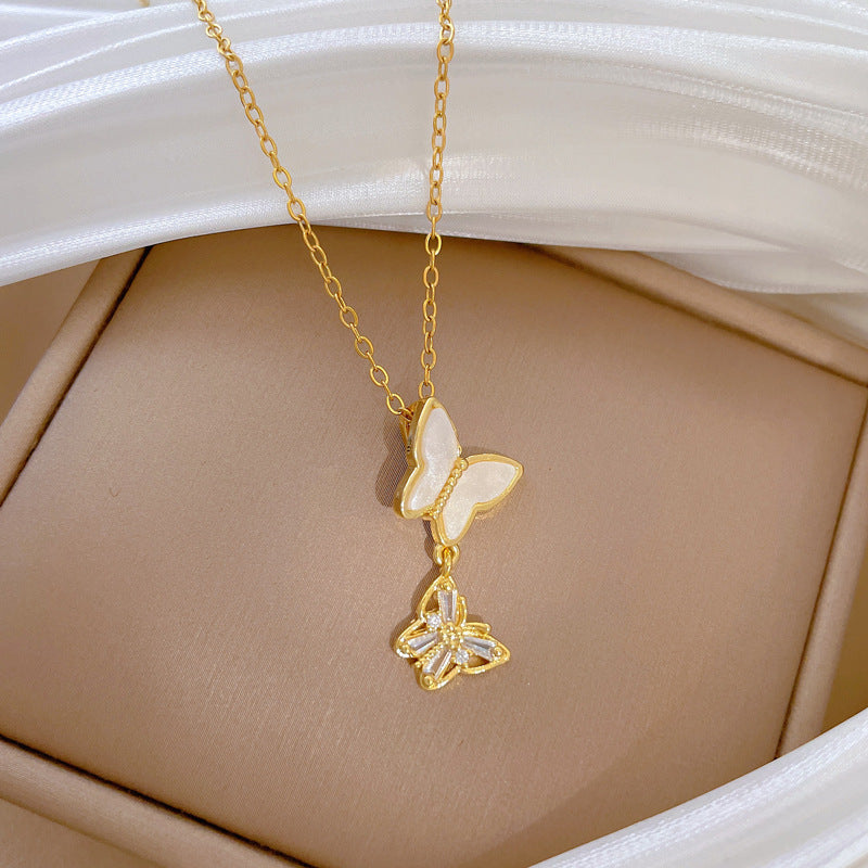 Cartoon Style Butterfly and Shell Pendant Necklace for Women with Hollow-Out Design Titanium Steel Locket Chain