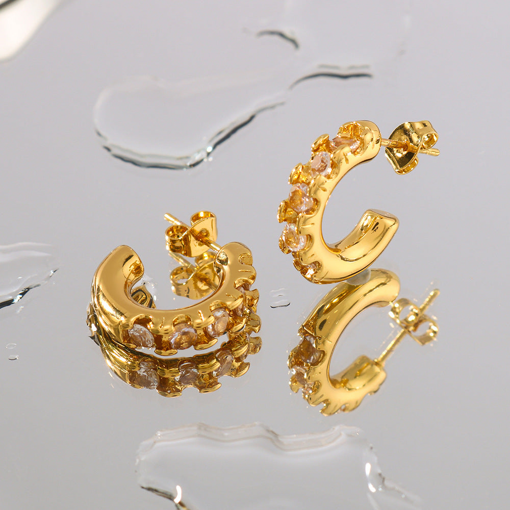 Geometric Stainless Steel Earrings with 18K Gold Plating and Cubic Zirconia Inlay for Women