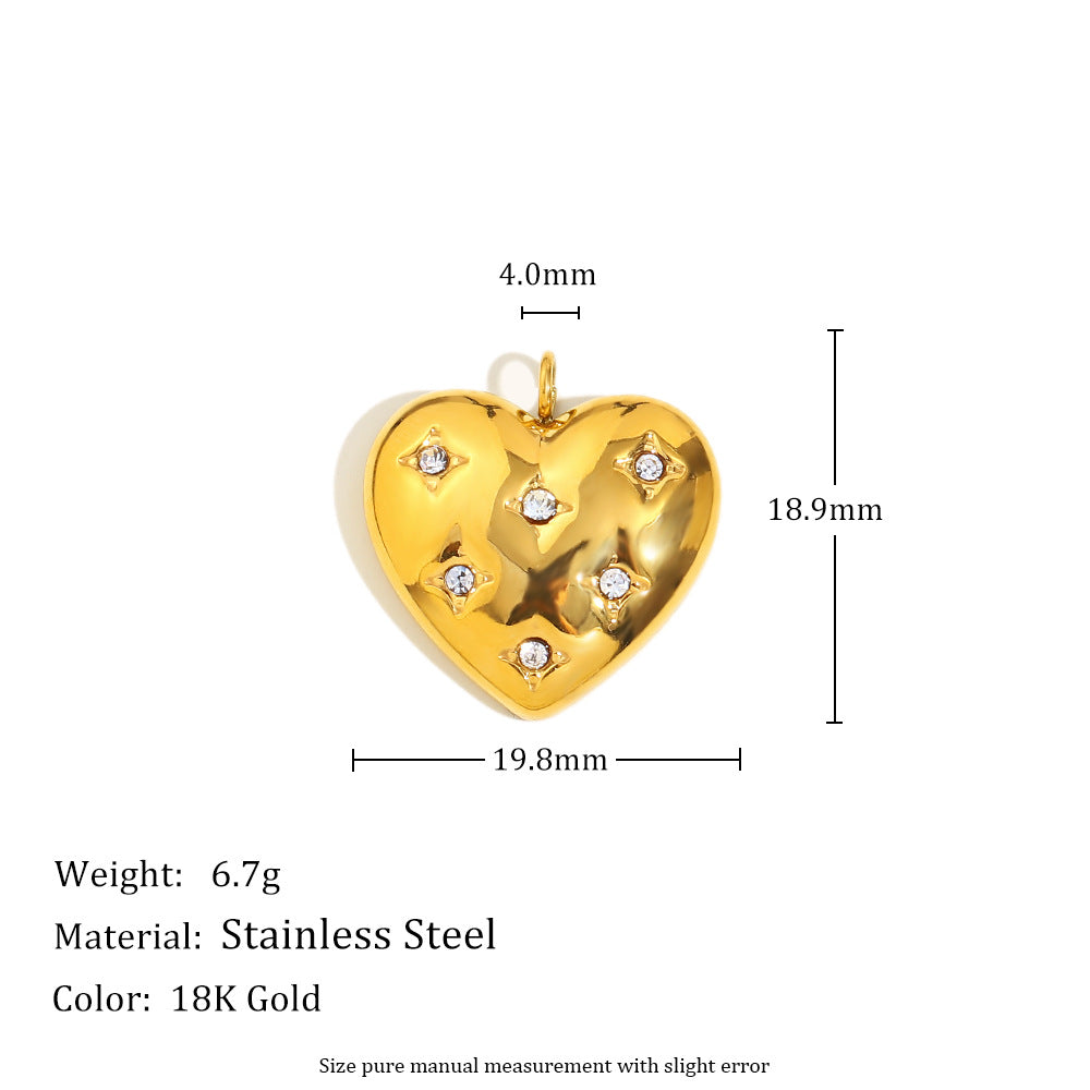 18K Gold Plated Stainless Steel Heart Pendant with Floral Rhinestone Charm Bar for Women