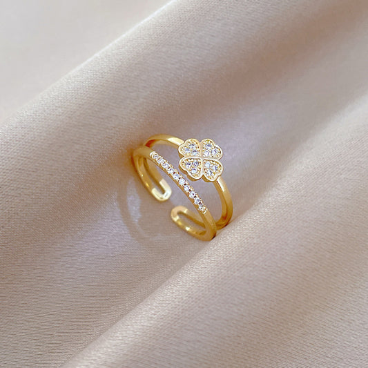 Sweet Minimalist Gold Plated Brass Floral Ring with Rhinestones Adjustable Open Band for Women and Couples