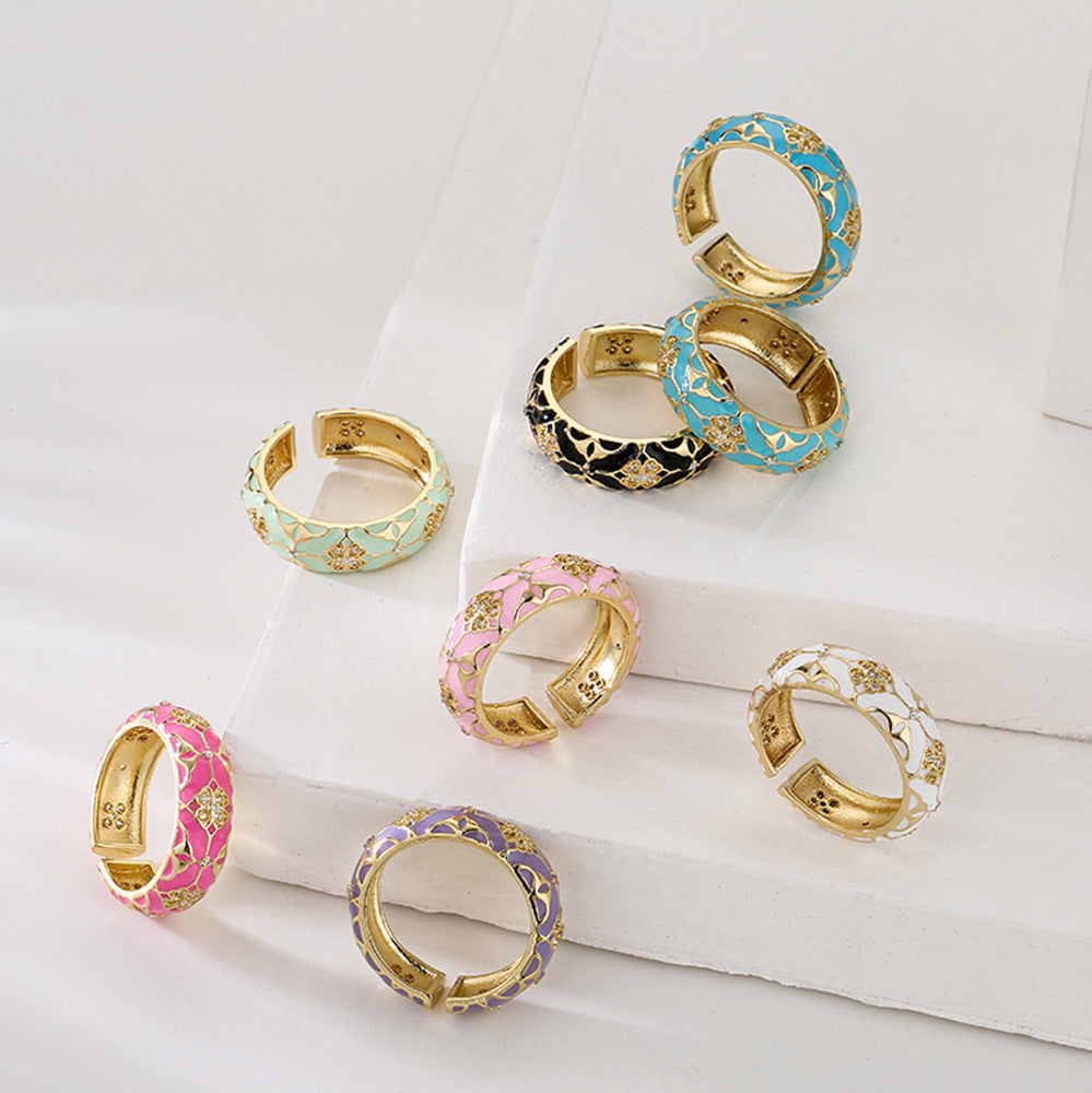 Bohemian Vintage Geometric Open Ring for Women in Copper with 18K Gold Plating and Enamel Finish