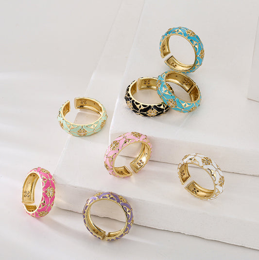 Anello aperto da donna bohémien vintage geometrico in rame placcato oro 18 carati con finitura smaltata